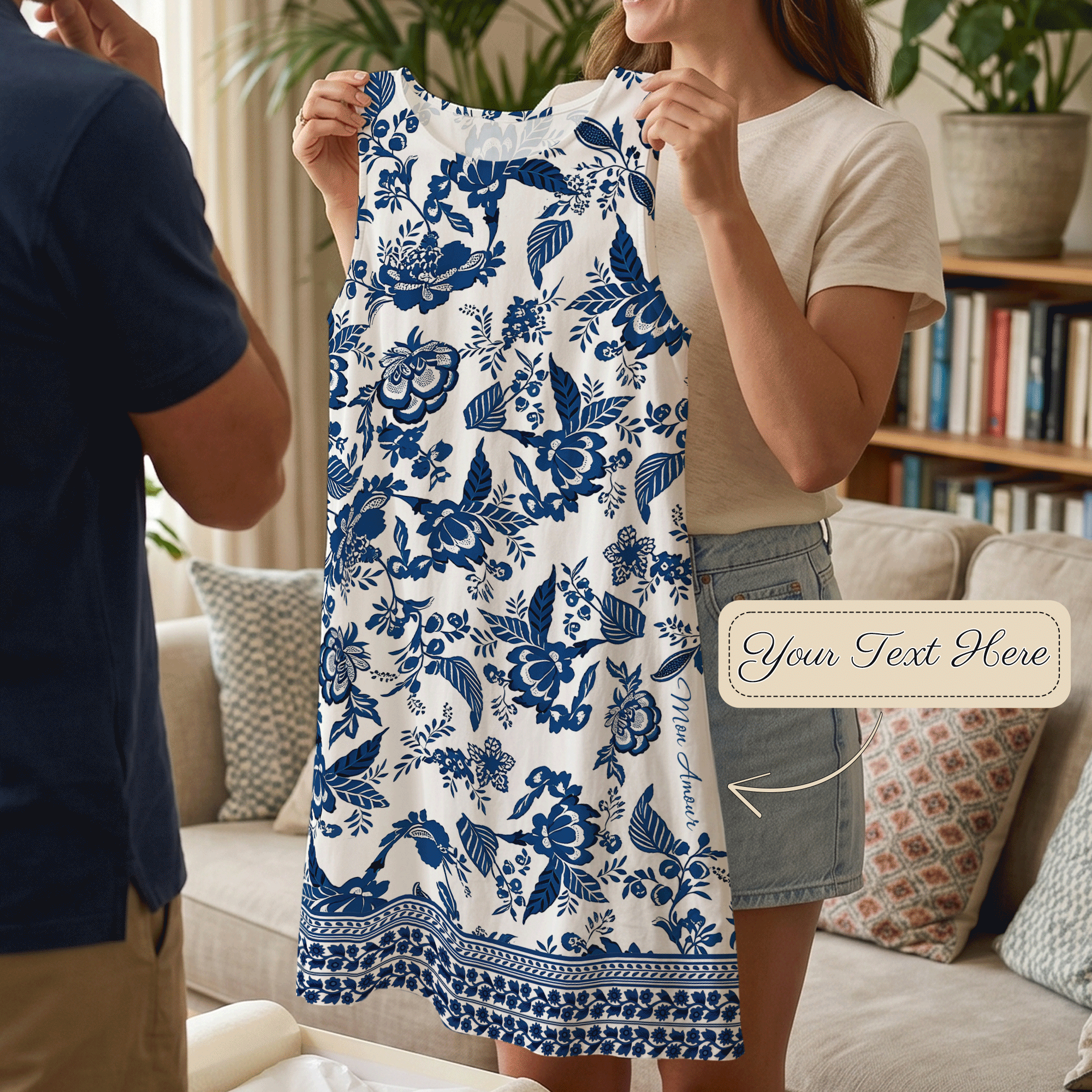 Personalised Bohemian Style Round Neck Sleeveless Waistcoat Dress with Text Daily Wear Birthday Gift for Mom Woman