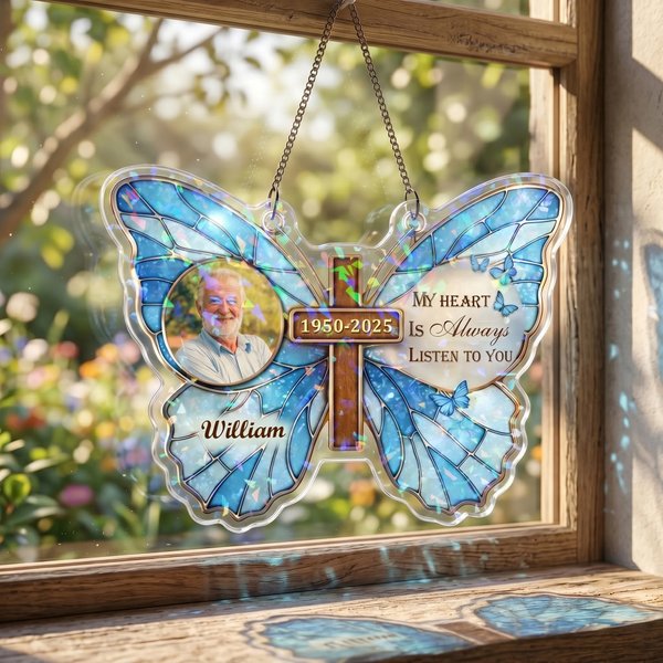 Personalized Multicolor Acrylic Butterfly Cross Photo Memorial Suncatcher with Name and Year Home Sunroom Hanging Decor Sympathy Gift for Family