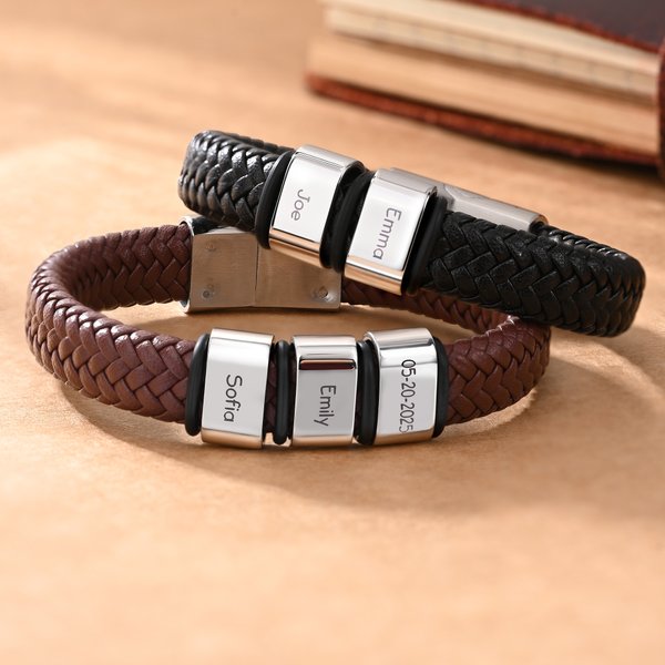 Gepersonaliseerde gevlochten PU lederen armband voor mannen met 1-8 gegraveerde naam kralen familienaam Vaderdag verjaardagscadeau voor papa opa