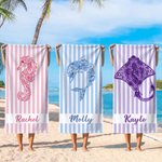 Personalized Mandala Sea Creature Stripe Oversized Quick Dry Beach Towel with Name Travel Essential Birthday Gift for Friends Sisters