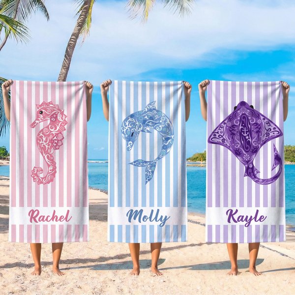 Personalized Mandala Sea Creature Stripe Oversized Quick Dry Beach Towel with Name Travel Essential Birthday Gift for Friends Sisters