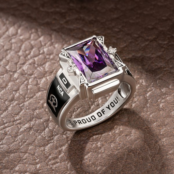 Personalized Heart Zircon Birthstone Class Men Ring with Engraved Text Symbol Graduation Gift for High School College University Graduates