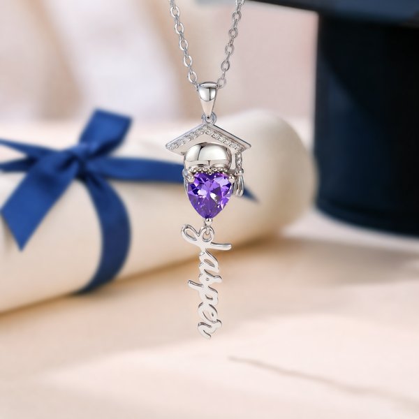 Personalized Heart Birthstone Graduation Cap Necklace with Name Graduation Ceremony Party Gift for Graduates