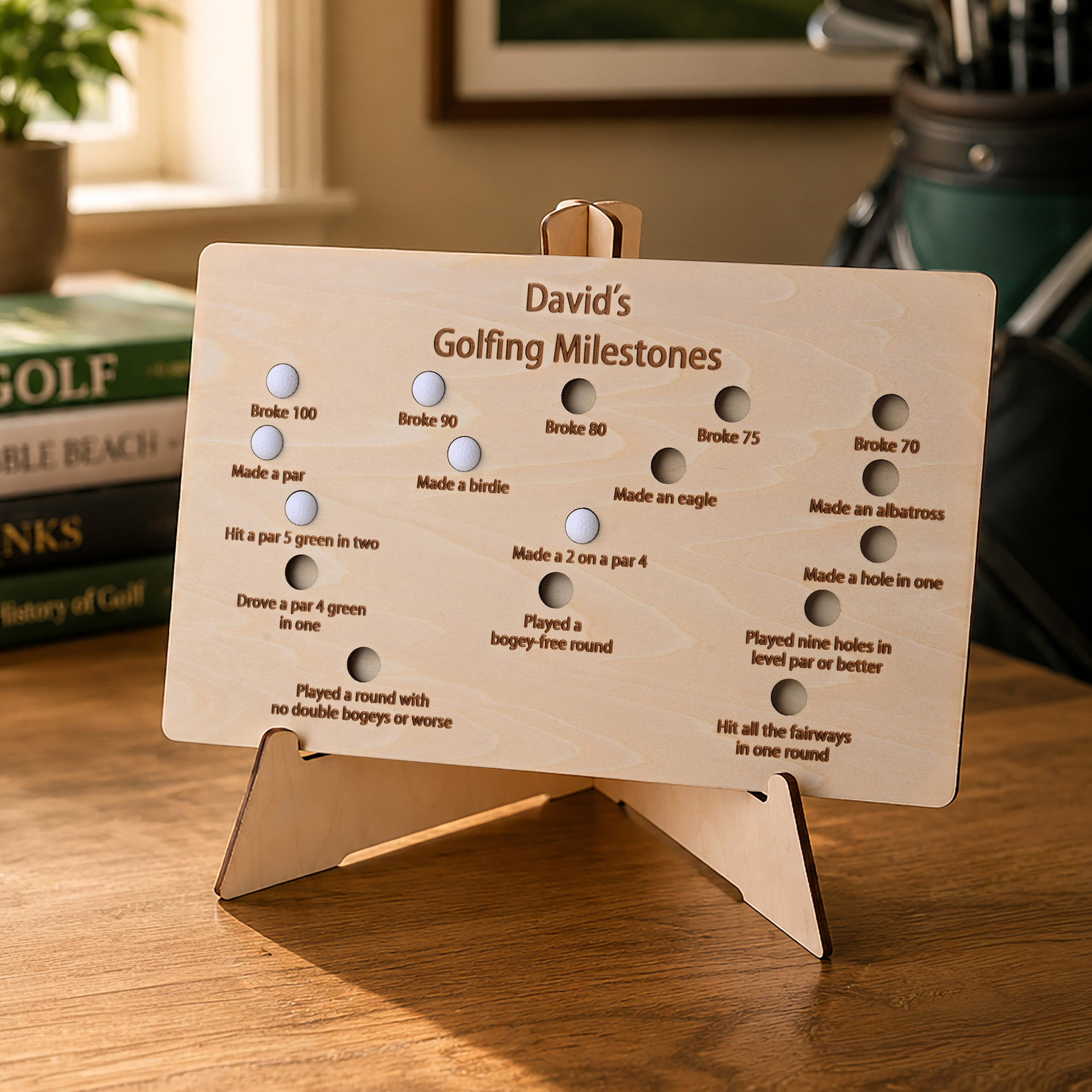 Ornamento personalizzato in legno con testo e mini palline da golf per l'esposizione in casa Regalo di compleanno e pensionamento per golfisti