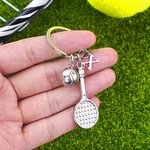 Tennis Racket & Green Ball Keychain - Silver Racket 'I Love Tennis' Charm With Clip