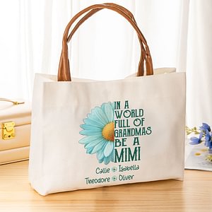 Personalized Light Blue Daisy Large Capacity Canvas Bag with 1-8 Names and Handle Mother's Day Birthday for Grandma
