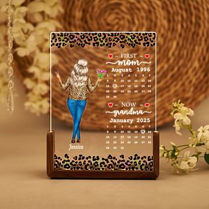 Personalised Leopard Print Mother and Daughter Back View LED Night Light with Wood Base Home Desk Decor Birthday Mother's Day Gift for Mom Grandma