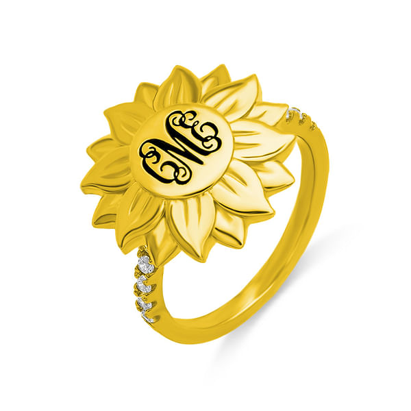Personalized Monogram Sunflower Ring with Black Engraving