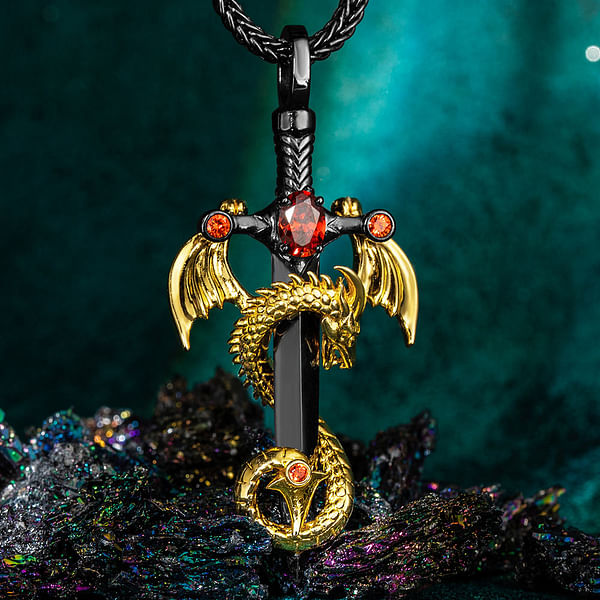 thumbnail image 2 of Gothic Double Dragon Cross Necklace For Men, Punk Dragon Sword Necklace Stainless Steel Dragon Cross Pendant Necklace 2 of 10
