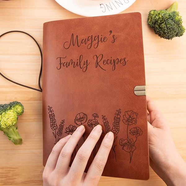 Customized Leather Recipe Book with Flowers Personalised Mother's Day