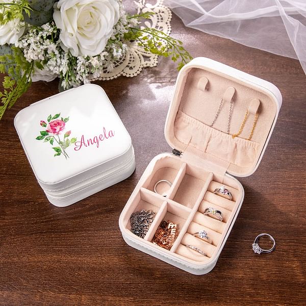 Personalised Leather Watercolor Birth Flower Jewelry Box with Name for
