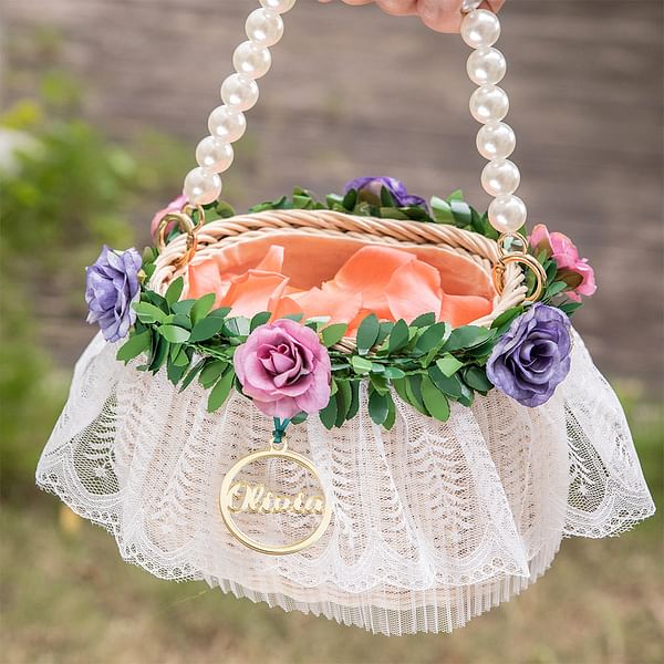 Personalized Handmade Flowers Wreath Rattan Flower Girl Basket with