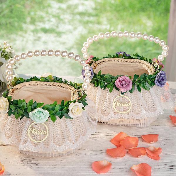 Personalized Handmade Flowers Wreath Rattan Flower Girl Basket with