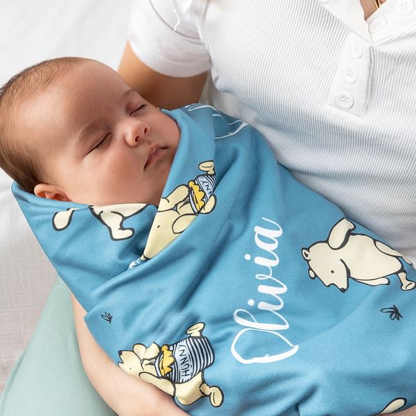 Personalized Winnie The Pooh Swaddle Blanket with Name for Baby Shower