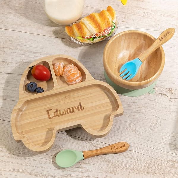Personalized Animal Bamboo Baby Plate Spoon And Bowl Set With Suction