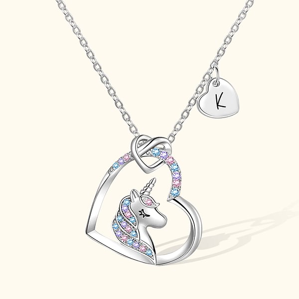 Personalised Colorful Unicorn Heart Necklace with Initial Charm 
