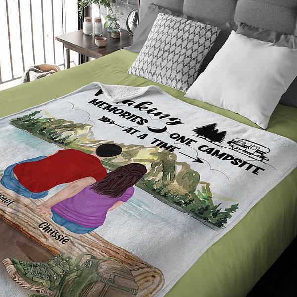 Personalized Kayak Camping Quilt/Fleece Blanket - Couple With Up to 3 Dogs - This Is Our Happy Place