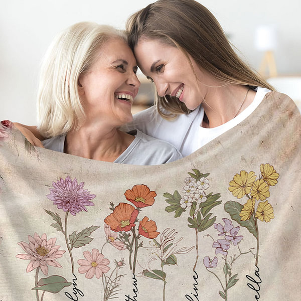Custom Grandma Garden Blanket, Personalized Birth Flower Blanket With Grandkids Names, Granny