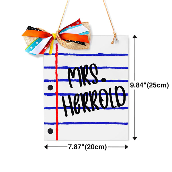 Personalized notebook paper design wooden teacher door sign with name