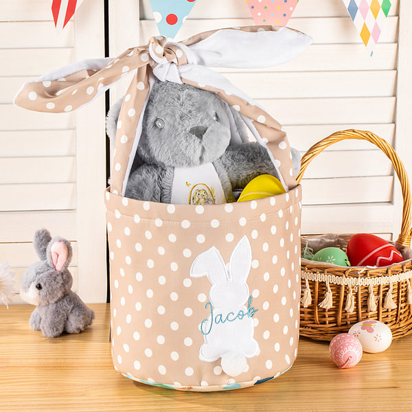 Easter Basket With Bunny Design - Large Cotton Easter Buckets For Kids Egg Hunting & Candy Collection