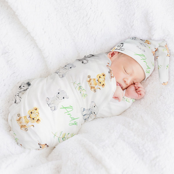 Personalized Baby Swaddle Blanket Set With Name - Custom Receiving Blanket, Hat & Bow Headband