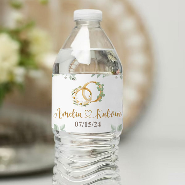 Personalised Waterproof Birth Flower Leaves Rings Design Water Bottle Labels Set of 20 Bridal Shower Engagement Wedding Gift for Couples CALLIE