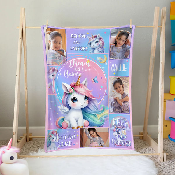 Personalised Fantasy Unicorn Photo Collage Soft Throw Blanket with Name Sofa Decor Baby Shower Birthday Gift for Baby Girls CALLIE