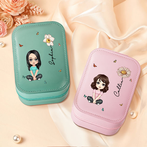 Cherbijou Personalized Leather Jewelry Box With LED Mirror - Birth Flower & Name, Travel Essential - View #6