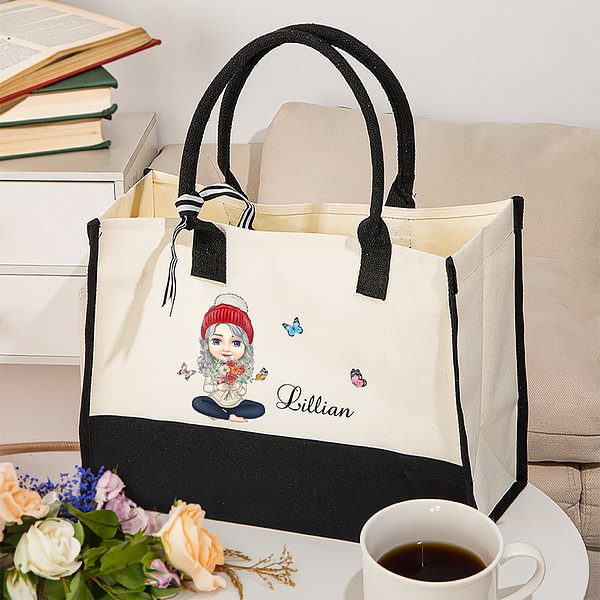 Personalised Cartoon Character Birth Flower Canvas Tote Bag with Name Waterproof Lining Christmas Birthday Mother s Day Gift for Women CALLIE