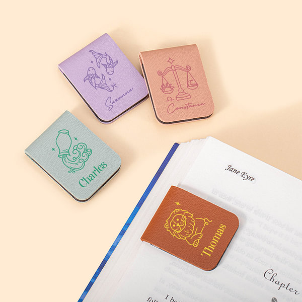 Personalized Hand-Drawn Style Zodiac Sign Magnetic Leather Bookmark Clip with Name Reading Stationary Supplies Birthday Gift for Book Lovers