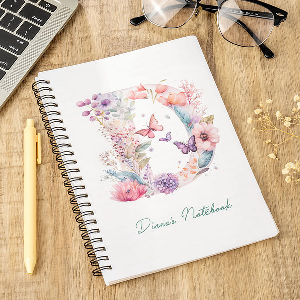Personalized Cute Floral Butterfly Letter A5 Spiral Notebook with Name ...