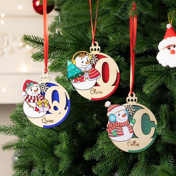 Personalised Cute Snowman Letter Double Layer Wooden Christmas Ball Ornament with Name Holiday Tree Decor Christmas Gift for Family Kids CALLIE